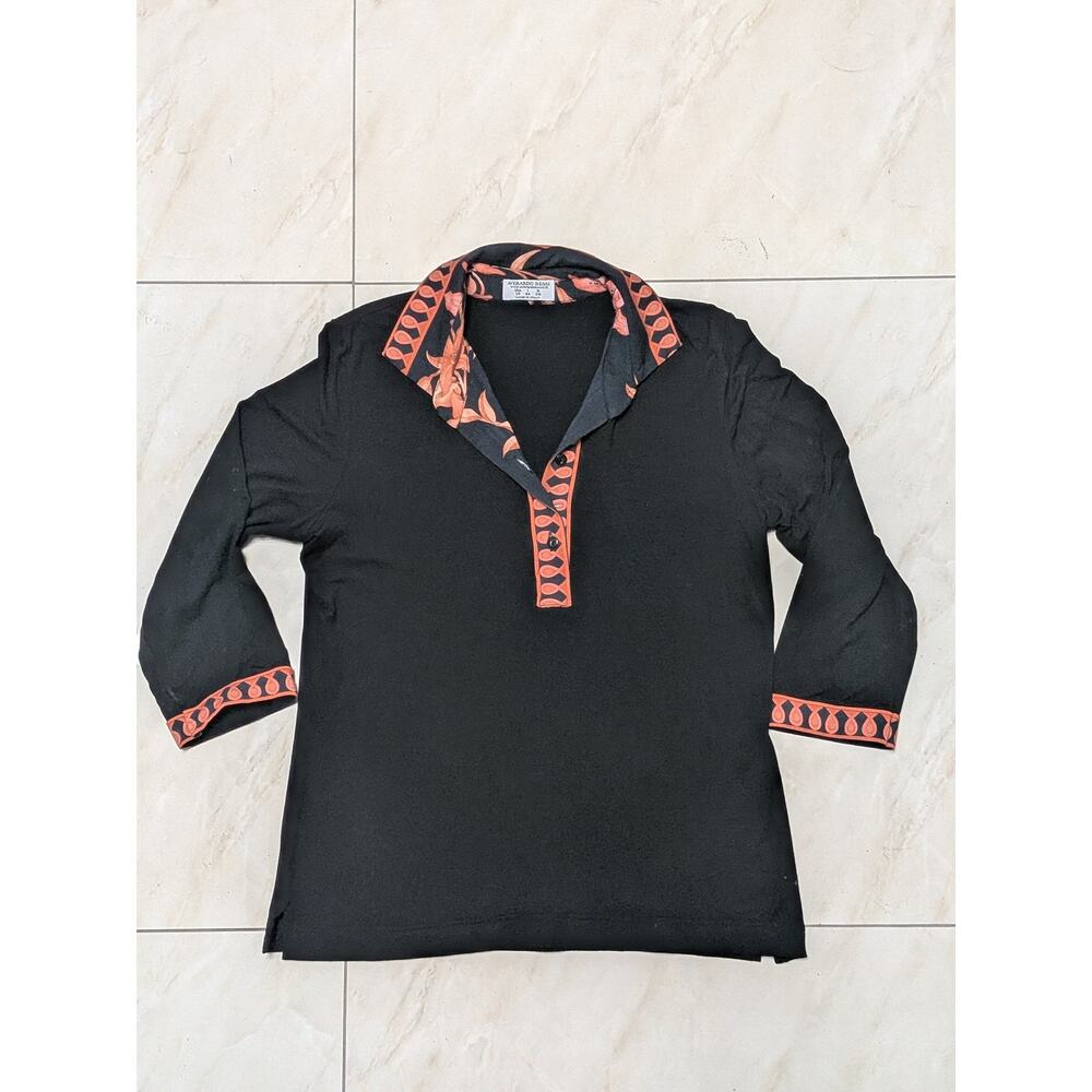 Averardo Bessi Black Boho Chick Top Blouse Floral Pattern 3/4 Sleeve Italy Sz 10